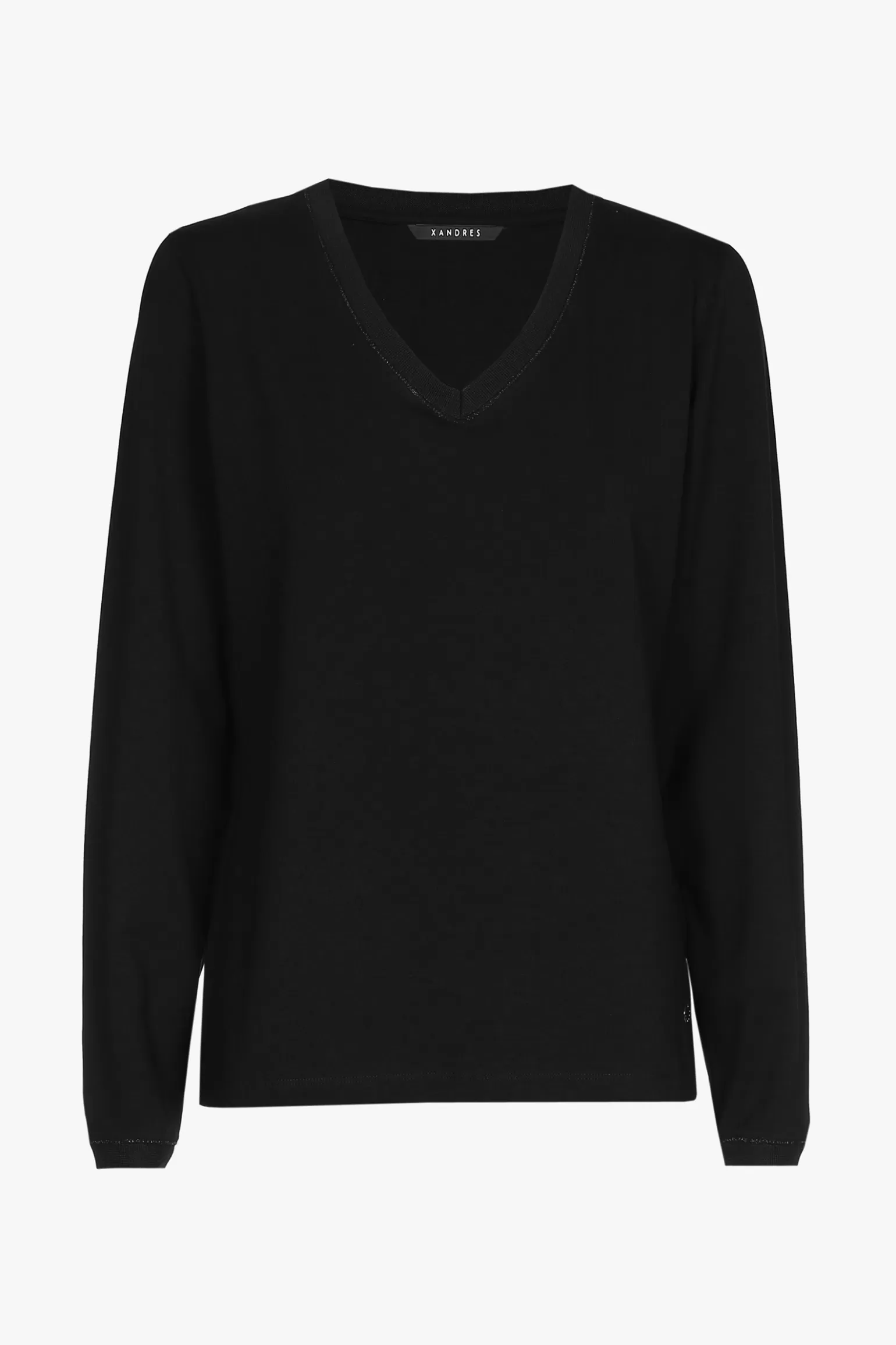 Zwart T-shirt met V-hals en lange mouwen-Xandres Cheap